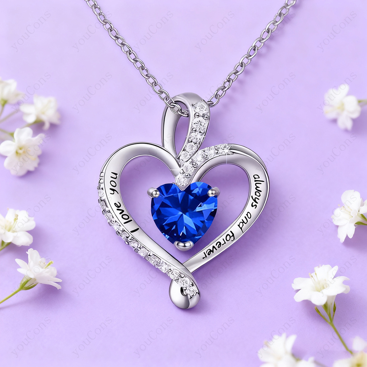 Women's Luxury Dark Blue Synthetic Zirconia Heart Pendant Necklace with Gift Box